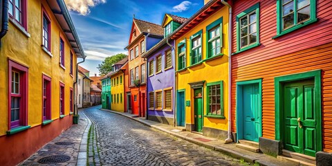 Fototapeta premium Colorful painted houses on narrow street with tilted angle
