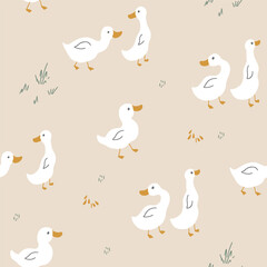 Cute Cartoon Duck Seamless Pattern, Vector Illustration Background