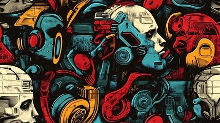 Obraz premium Graffiti-style pattern with robotic heads, neon circuit boards, and holographic screens, intertwined with digital patterns and vibrant colors, set against a gritty urban wall,