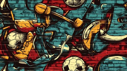 Graffiti-style pattern with soccer balls, skateboards, and running shoes, combined with vivid neon colors and bold brushstrokes,