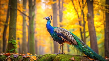 Obraz premium Colorful peacock in forest setting with low angle view