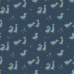Cute Cartoon Duck Seamless Pattern, Vector Illustration Background
