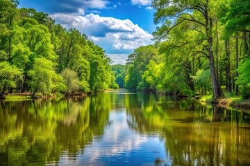 nature background with river and bright green trees swampy environment in the distance