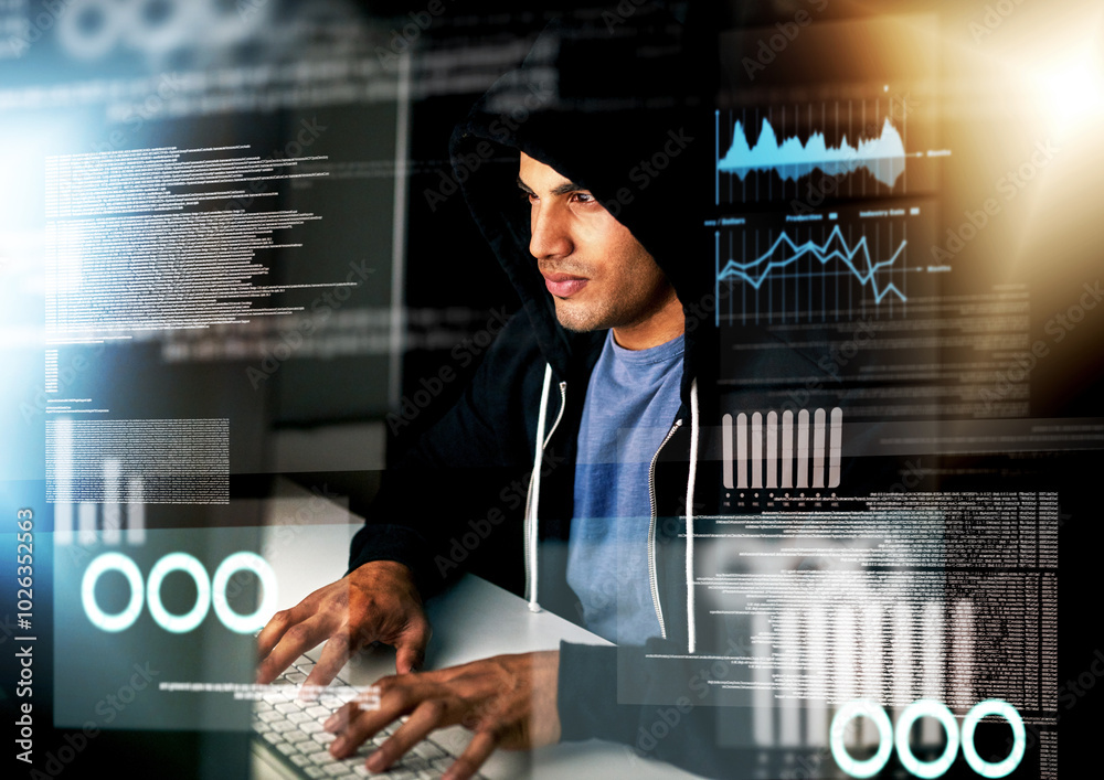 Leinwandbilder Man, hacker and hologram with working and virus installation for firewall bypass and hub. Database, overlay and dashboard with digital charts and programming and cyber security crime on software