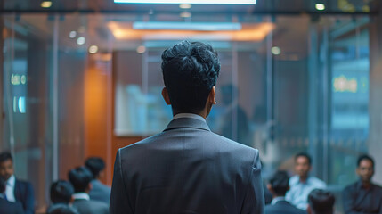 Indian Professional Delivering Presentation in Modern Office, Audience in Blurred Background, Formal Attire and Engaging Gesture