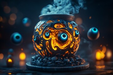 3D-rendered bubbling cauldron cocktail, with floating eyes and a swirling, glowing liquid, shown in stunning detail with realistic smoke effects