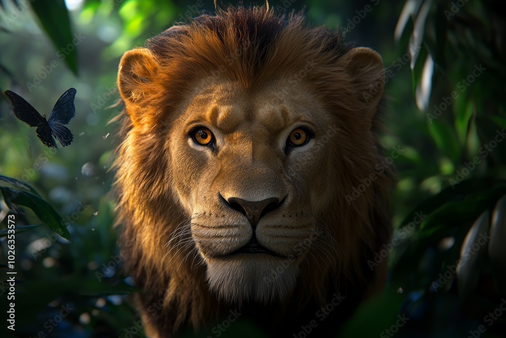 Poster 3d-rendered zoo exhibit of a lion, with lifelike textures and lighting creating a digital, interacti
