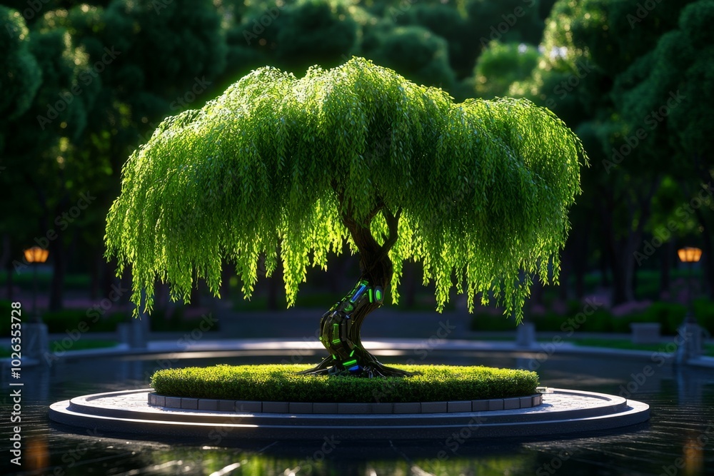 Poster AI-controlled willow tree in a futuristic botanical garden, where robotic tenders prune and monitor the tree, ensuring optimal growth and health in a perfectly controlled environment