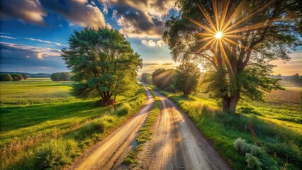 Fototapeta premium Scenic dirt road with trees and sunbeam in background