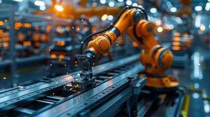Robotic arm working on an assembly line in a modern factory.