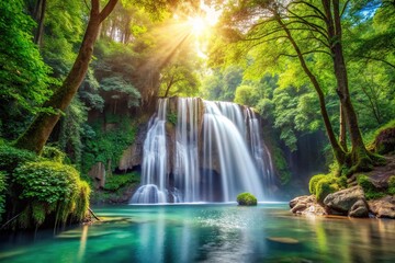 Nature scene featuring a digitally crafted cascading waterfall and lush tree with depth of field