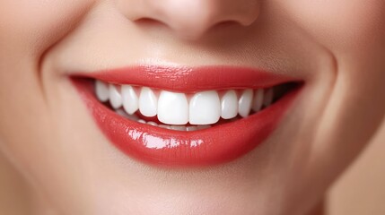 Obraz premium Close-up of a woman's smile showing glossy lips