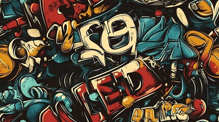 Seamless graffiti pattern featuring bubble letters, abstract symbols, and stylized numbers, surrounded by neon splashes and glowing accents,