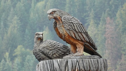 Eagle statue perching on wooden