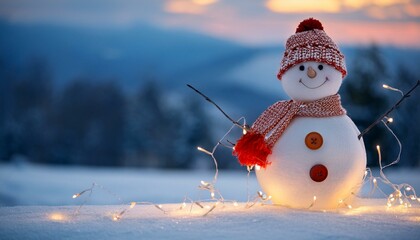 winter decoration with snowman and garland lights on snowy landscape background