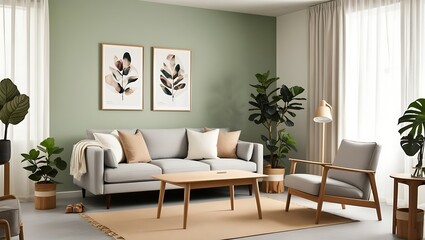 Wooden coffee table and lounge chair near gray sofa against green wall. Scandinavian home interior design of modern living room