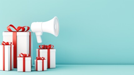 Megaphone announcing gifts with red ribbons on blue background