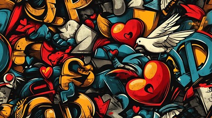 Fototapeta premium Seamless graffiti pattern featuring colorful hearts, peace signs, and doves, intertwined with vibrant flowers and neon brushstrokes,