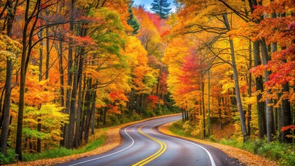 Obraz premium Road winding through colorful autumn forest in Wisconsin, USA