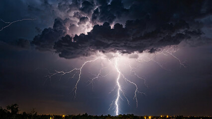 Lightning on a stormy dark cloudy background. Lightning thunderstorm flash over the night sky. Amazing lightning in the middle of a rain cloud. Powerful thunderstorm with dramatic lightning strikes
