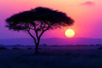 Obraz premium Acacia Tree Silhouetted Against African Savannah at Sunset