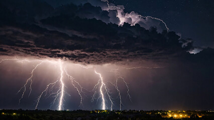 Lightning on a stormy dark cloudy background. Lightning thunderstorm flash over the night sky. Amazing lightning in the middle of a rain cloud. Powerful thunderstorm with dramatic lightning strikes
