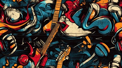 Seamless graffiti pattern featuring guitars, microphones, and headphones, intertwined with vibrant soundwaves and abstract musical notes, set against a textured concrete wall,