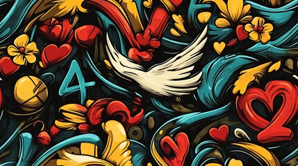 Obraz premium Seamless graffiti pattern featuring hearts, peace signs, and doves, intertwined with colorful flowers and swirling brushstrokes,