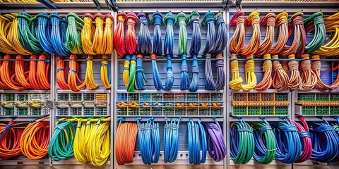 Neatly organized rack of colorful cables