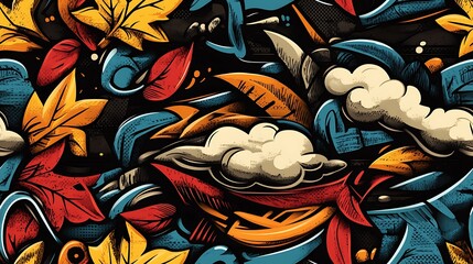 Seamless graffiti pattern featuring leaf motifs, flowing water shapes, and abstract clouds, surrounded by neon splashes and glowing accents, spray-painted on a dark city wall with a lively,