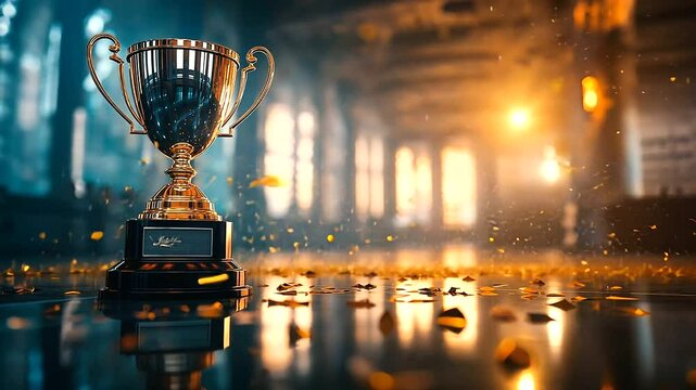A shining trophy with blue and gold accents is the focal point of a retro-inspired exhibition hall, with vintage-style decorations and warm, nostalgic lighting