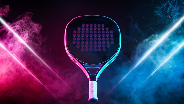 Padel tennis racket in neon lights. Background with copy space. Mockup for padel event tournament design. Open tour. - Powered by Adobe