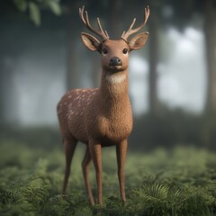 Obraz premium A realistic 3D model of a deer standing in a forest environment.
