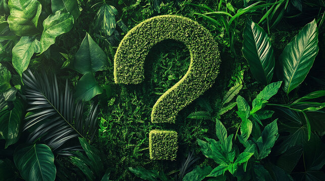 question mark symbol covered in lush green plants, symbolizing growth, curiosity, and the mysteries of nature. Represents the unknown, exploration, and the power of environmental inquiry