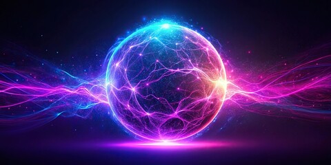 Obraz premium neon energy sphere with waves and sparks on dark background