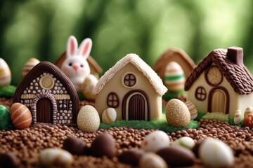 Enchanted Easter village, with tiny, magical cottages made of chocolate eggs and candy, where the Easter bunny and other mythical creatures prepare for the holiday