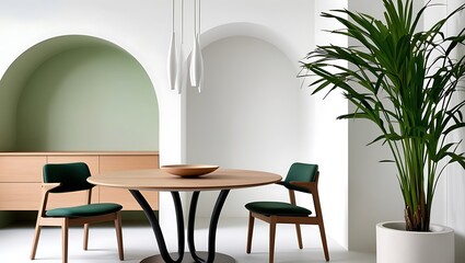 Interior design with wooden round table and chairs. Modern dining room with white wall. Cafe, bar or restaurant interior design. Home interior. 3d rendering