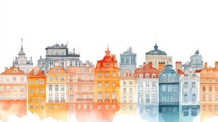 Fototapeta premium A panoramic watercolor painting of a colorful European street lined with ancient buildings. The architecture stands out with its red roofs, intricate decorations, and medieval charm.