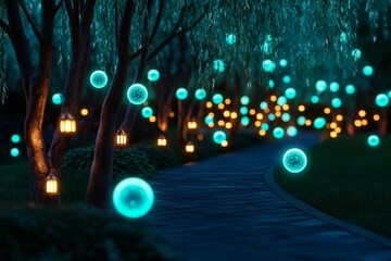 Fototapeta premium Enchanted holly willow grove, where the trees glow softly in shades of blue and green, with magical orbs of light floating around the branches, illuminating a mystical pathway