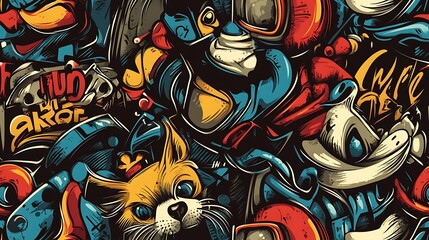 Fototapeta premium Seamless graffiti pattern featuring street cats, playful dogs, and pigeons, surrounded by neon splashes and abstract shapes, spray-painted on a dark city wall with glowing accents,
