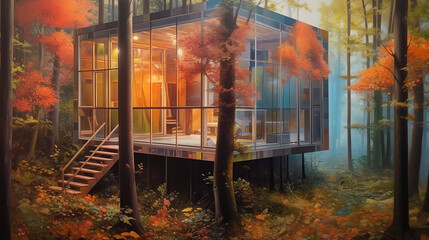 Fototapeta premium Forest Sanctuary Inside A Tranquil Home Blending Glass and Wood with Nature