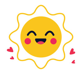 Cute happy smiling sun. Funny sunny character with heart. Vector illustration.