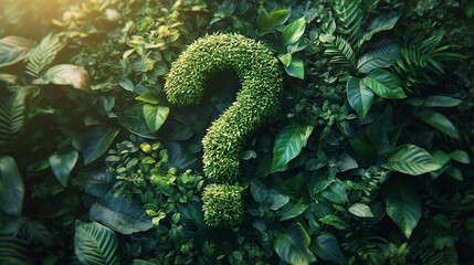 question mark symbol covered in lush green plants, symbolizing growth, curiosity, and the mysteries of nature. Represents the unknown, exploration, and the power of environmental inquiry