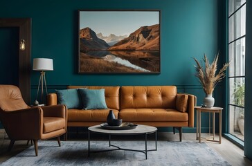 Scandinavian interior design of modern living room or apartment , Vibrant brown sofa and chair near teal wall with poster frame