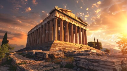 Obraz premium Stunning ancient greek temple at sunset a symmetrical stone structure with majestic columns