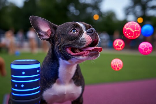 Futuristic dog park with hovering toys, where dogs chase after floating, glowing balls and interact with AI-designed play structures