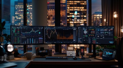 Modern Workspace with Multiple Monitors and City View