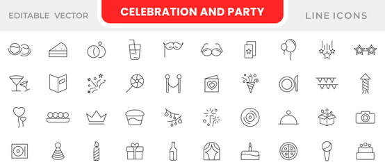 Celebration and Party line icon set. Celebrate, celebration, dancing, music, congrats, birthday, dancing, happy new year, Christmas, entertainment, invitations line icon set. UI thin line icon pack.