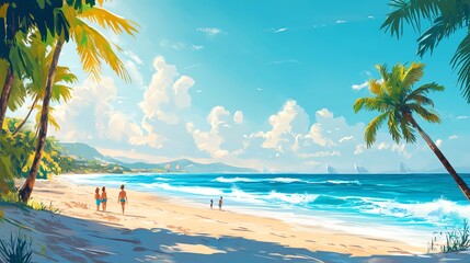 Tropical beach paradise with palm trees and clear blue skies.