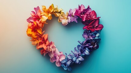 Obraz premium A vibrant heart shape made of colorful flowers on a soft blue background, symbolizing love and beauty in nature.